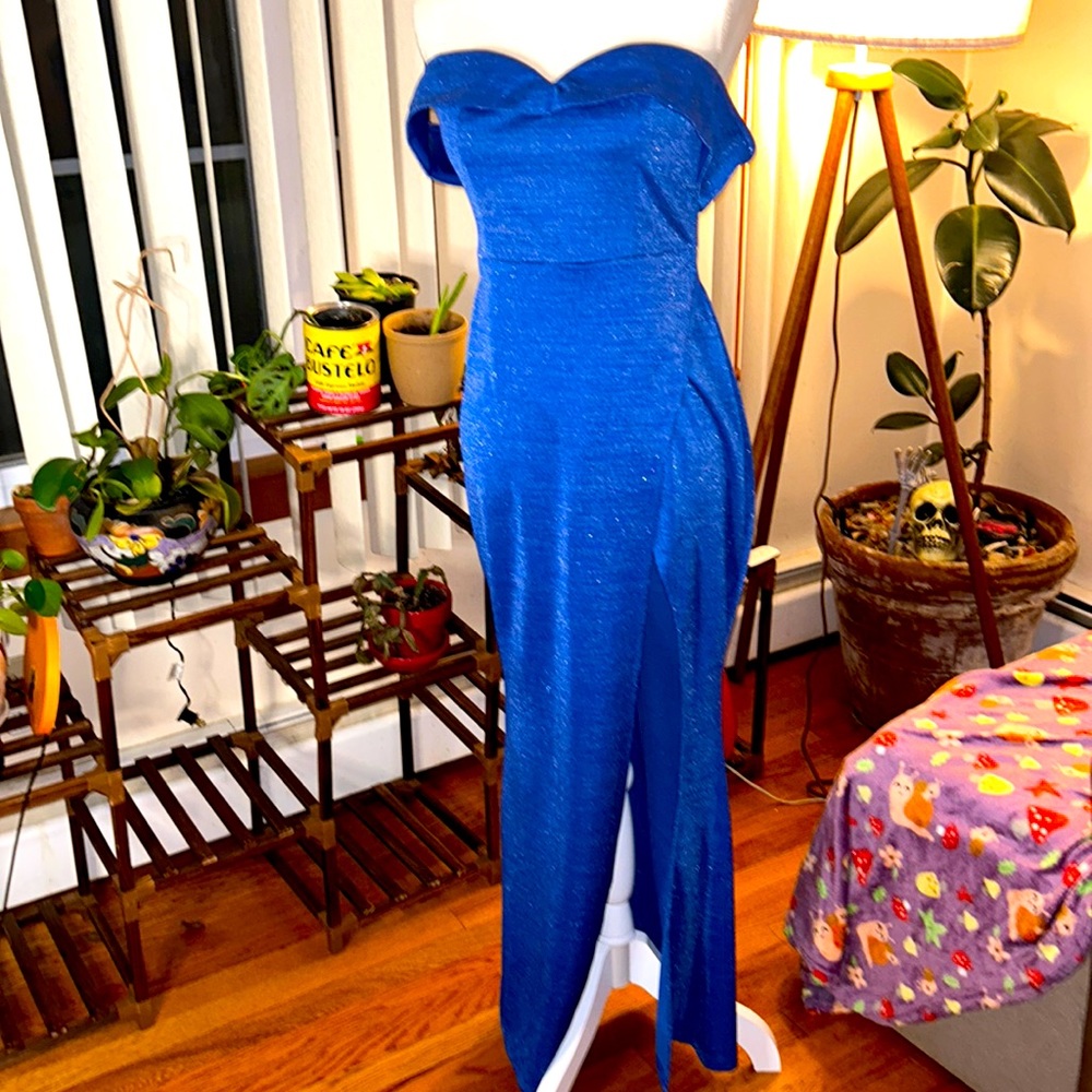 Shein Size Small Blue with Gold accent, off the shoulder, high slit gown.
